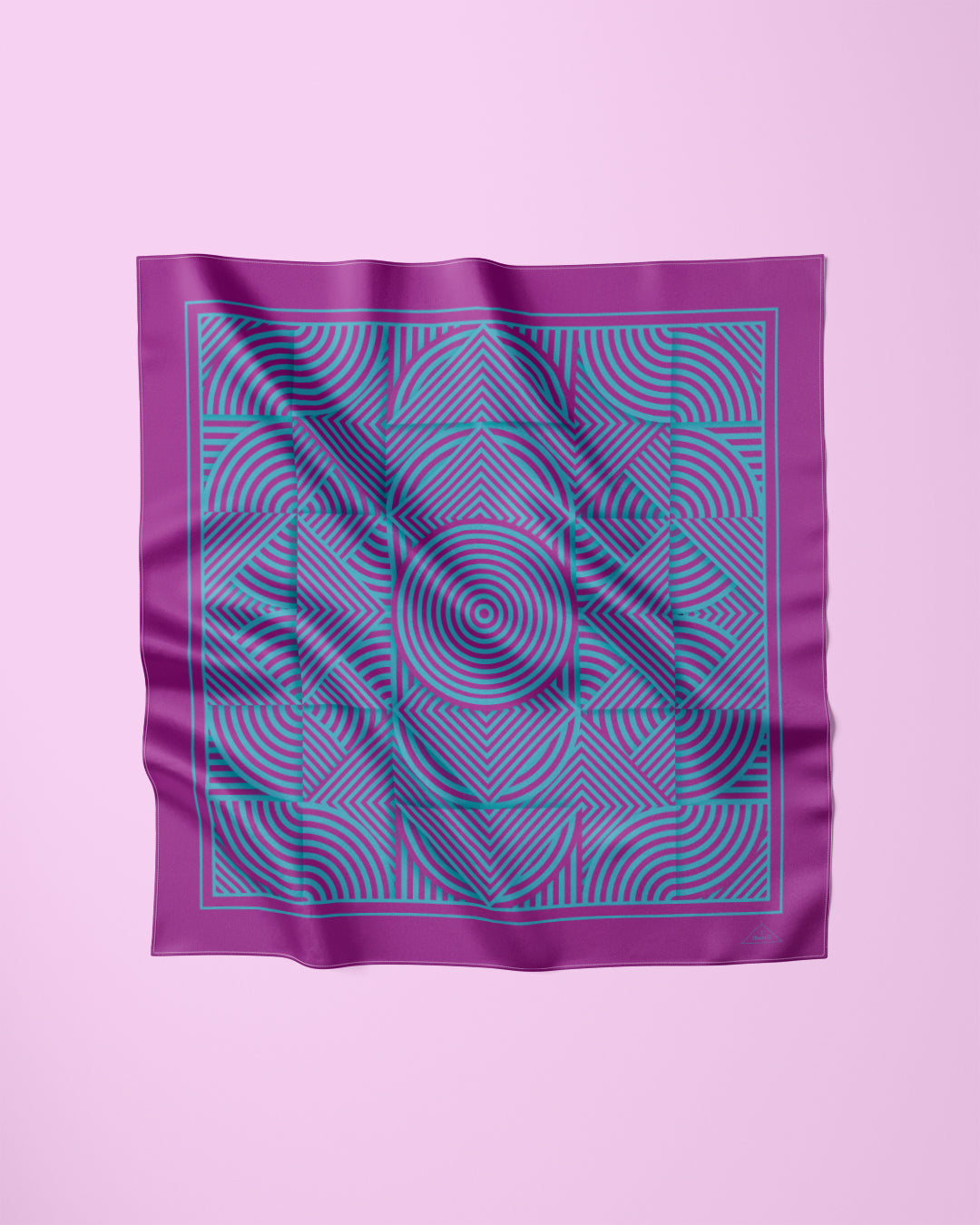 Alesia C. Slim Dance Pure Silk Square Scarf in Purple and Turquoise Blue Color Geometric Abstract AlesiaC.com