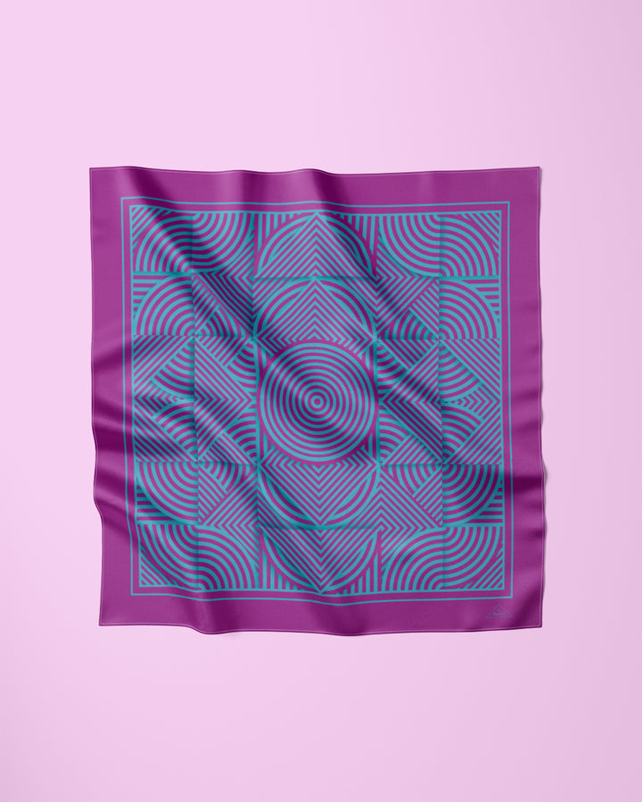 Alesia C. Slim Dance Pure Silk Square Scarf in Purple and Turquoise Blue Color Geometric Abstract AlesiaC.com