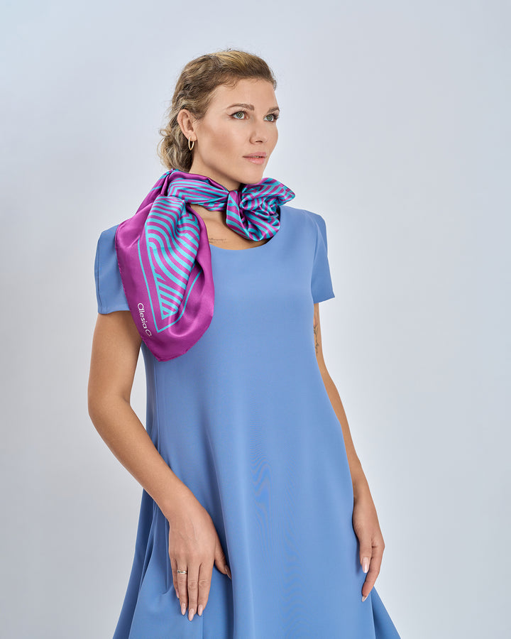 Alesia C. Slim Dance Pure Silk Square Scarf in Purple and Turquoise Blue Color Geometric Abstract Print Styled With Light Blue Periiwncle Cloud Long Dress  by Alesia Chaika AlesiaC.com