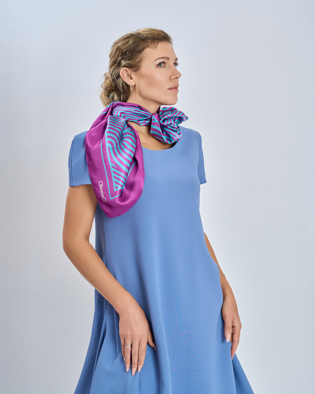 Alesia C. Slim Dance Pure Silk Square Scarf in Purple and Turquoise Blue Color Geometric Abstract Print Styled With Light Blue Periiwncle Cloud Long Dress  by Alesia Chaika AlesiaC.com