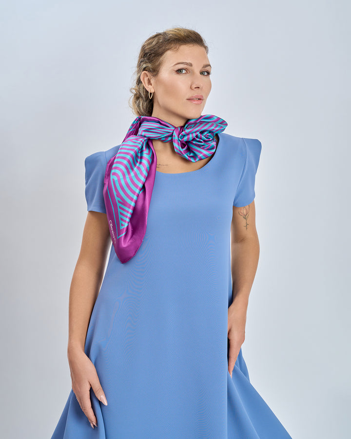 Alesia C. Slim Dance Pure Silk Square Scarf in Purple and Turquoise Blue Color Geometric Abstract Print Styled As A Rose Choker Necklace With Light Blue Periwinkle Cloud Long Dress  by Alesia Chaika AlesiaC.com