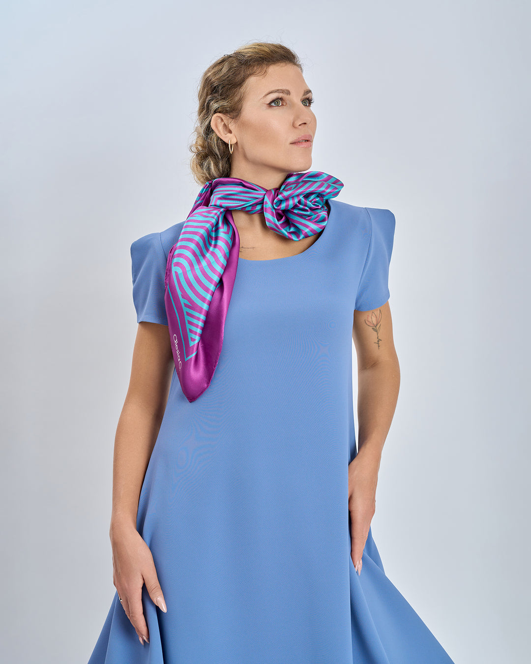 Alesia C. Slim Dance Pure Silk Square Scarf in Purple and Turquoise Blue Color Geometric Abstract Print Styled As A Rose Choker Necklace With Light Blue Periwinkle Cloud Long Dress  by Alesia Chaika AlesiaC.com