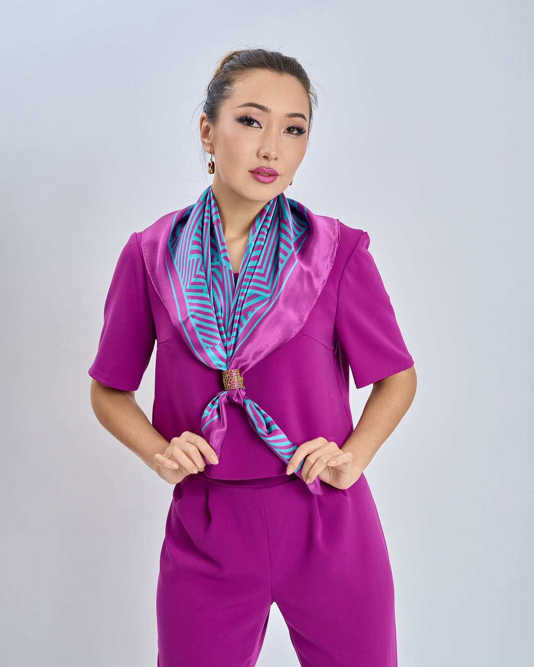 Alesia C. Slim Dance Pure Silk Square Scarf in Purple and Turquoise Blue Color Geometric Abstract Print Styled HighLand Scarf Ring in Gold Filigree With Purple Crepe Pant Suit by Alesia Chaika AlesiaC.com
