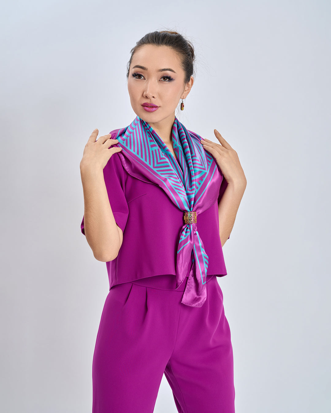 Alesia C. Slim Dance Pure Silk Square Scarf in Purple and Turquoise Blue Color Geometric Abstract Print Styled HighLand Scarf Ring in Gold Filigree With Purple Crepe Pant Suit by Alesia Chaika AlesiaC.com