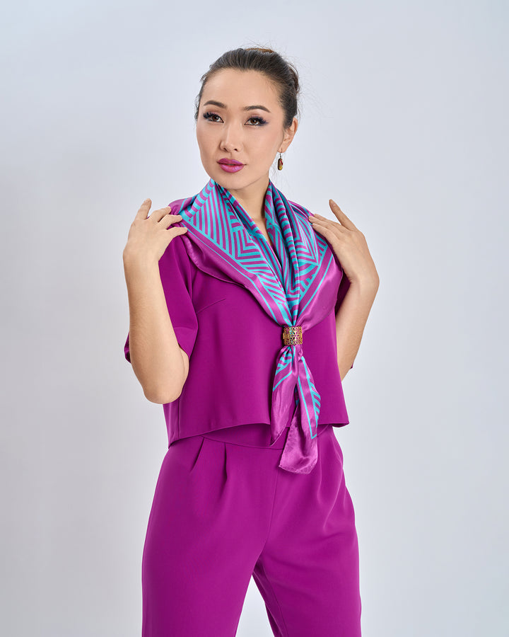 Alesia C. Slim Dance Pure Silk Square Scarf in Purple and Turquoise Blue Color Geometric Abstract Print Styled HighLand Scarf Ring in Gold Filigree With Purple Crepe Pant Suit by Alesia Chaika AlesiaC.com