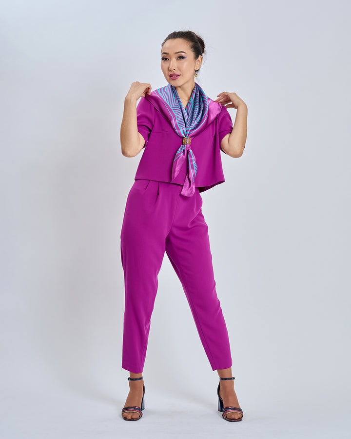 Alesia C. Slim Dance Pure Silk Square Scarf in Purple and Turquoise Blue Color Geometric Abstract Print Styled HighLand Scarf Ring in Gold Filigree With Purple Crepe Pant Suit by Alesia Chaika AlesiaC.com