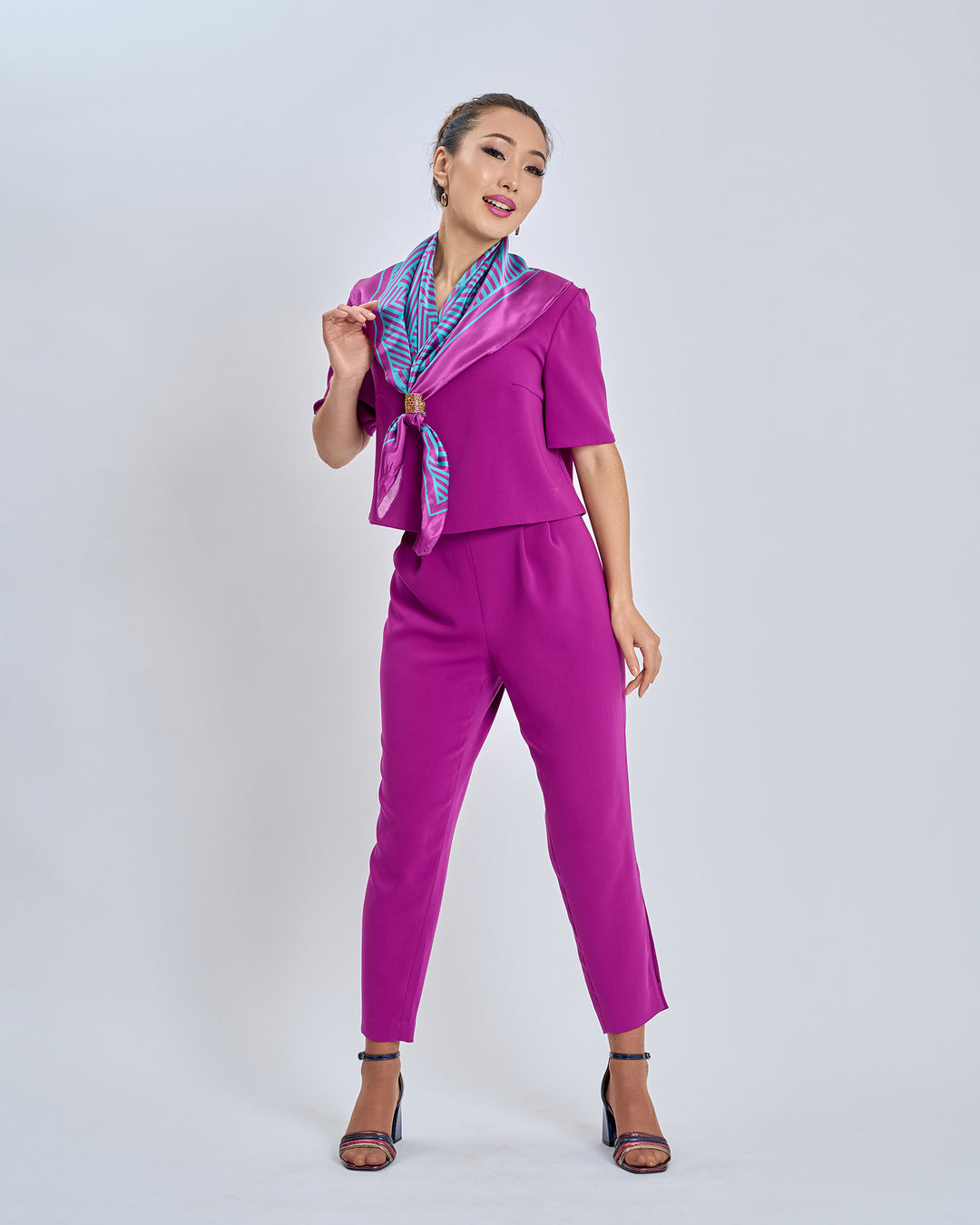 Alesia C. Slim Dance Pure Silk Square Scarf in Purple and Turquoise Blue Color Geometric Abstract Print Styled HighLand Scarf Ring in Gold Filigree With Purple Crepe Pant Suit by Alesia Chaika AlesiaC.com