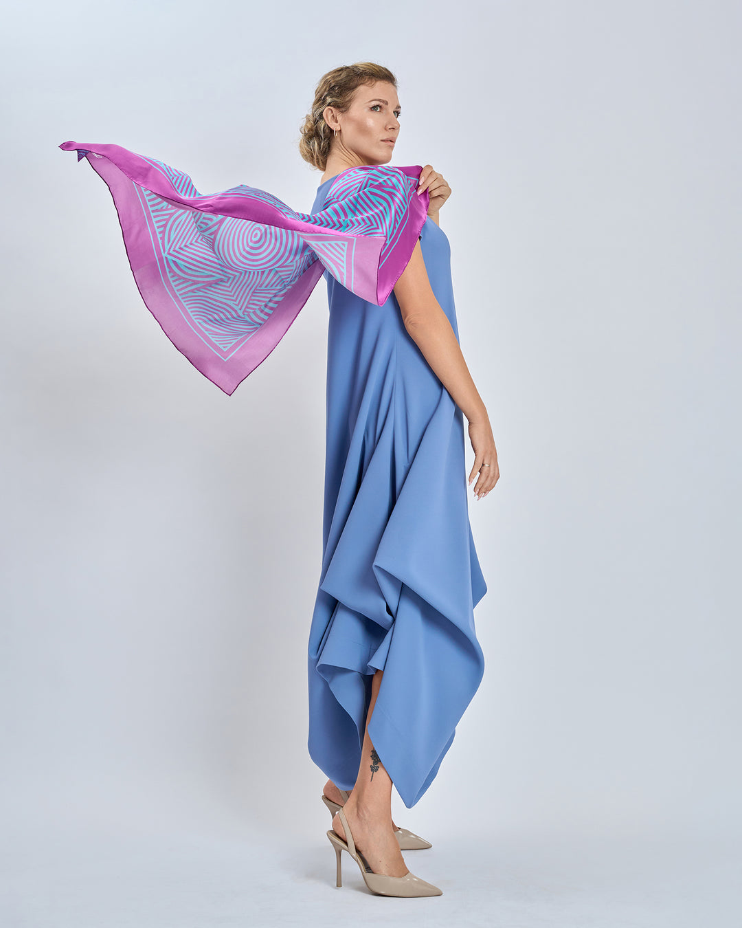 Alesia C. Slim Dance Pure Silk Square Scarf in Purple and Turquoise Blue Color Geometric Abstract AlesiaC.com