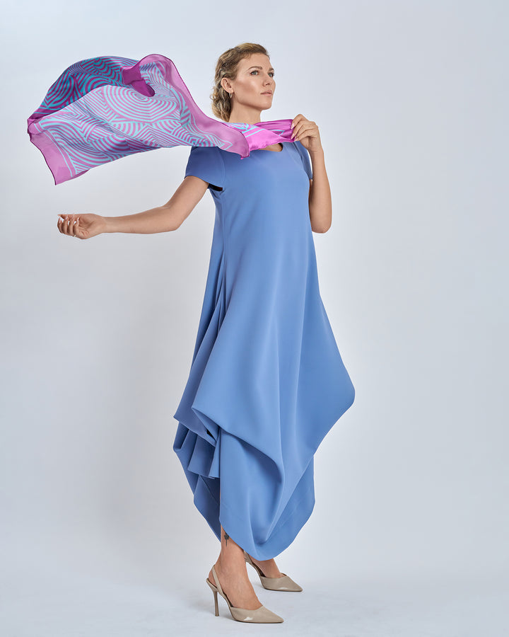 Alesia C. Slim Dance Pure Silk Square Scarf in Purple and Turquoise Blue Color Geometric Abstract Print Styled With Light Blue Periiwncle Cloud Long Dress  by Alesia Chaika AlesiaC.com