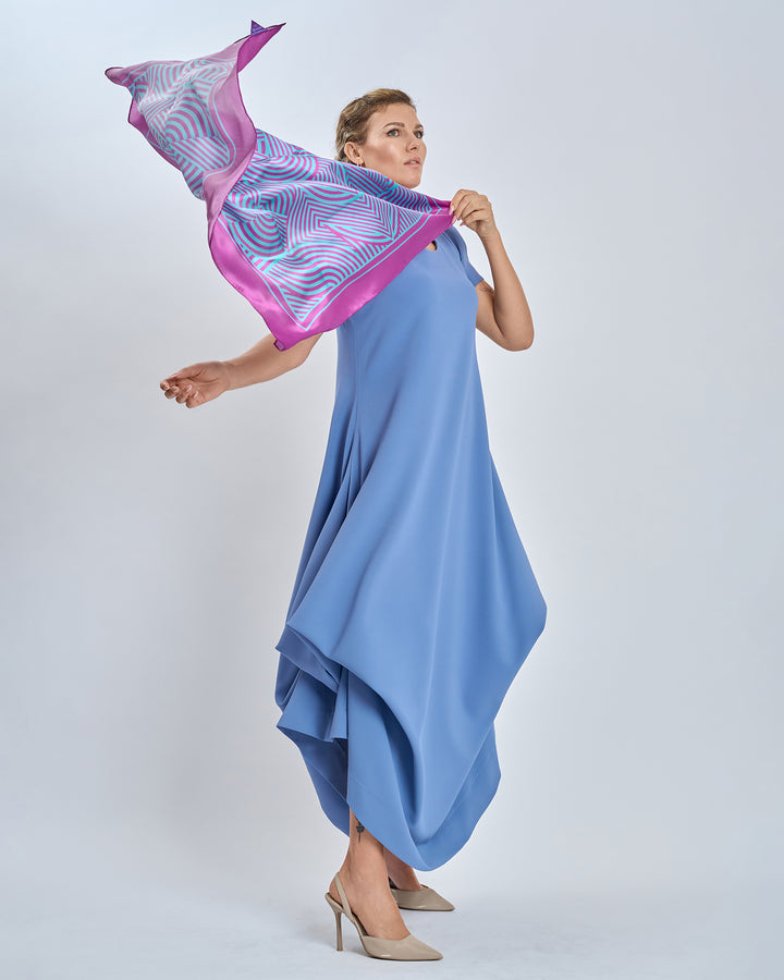 Alesia C. Slim Dance Pure Silk Square Scarf in Purple and Turquoise Blue Color Geometric Abstract Print Styled With Light Blue Periwinkle Cloud Long Dress  by Alesia Chaika AlesiaC.com
