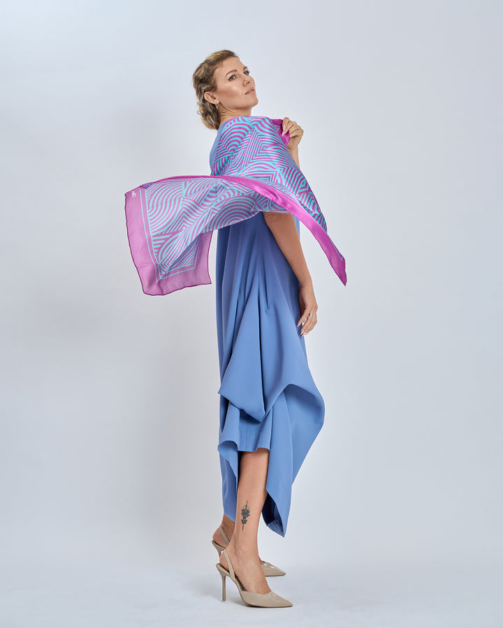 Alesia C. Slim Dance Pure Silk Square Scarf in Purple and Turquoise Blue Color Geometric Abstract Print Styled With Light Blue Periwinkle Cloud Long Dress  by Alesia Chaika AlesiaC.com