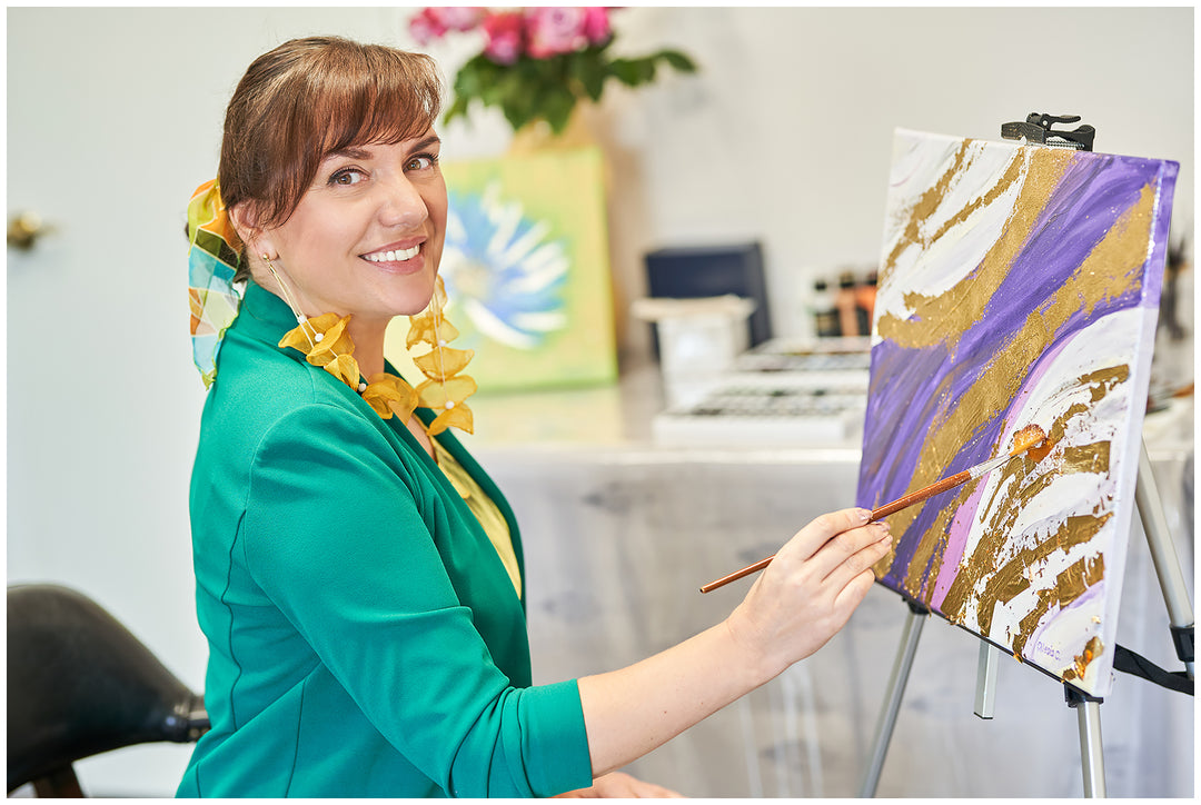 Artist Alesia Chaika is Painting PURPLE ASCENSION Artwork on Canvas Transforming it into a Silk Scarf – Lavender and Gold Beige - Alesia C. Art-A-Porte Collection, AlesiaC.com