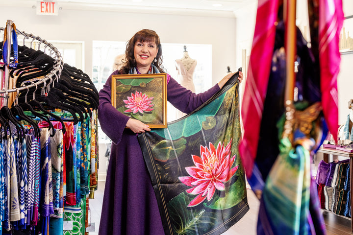 Amazon Water Lily Silk Scarf with Black Border – Alesia C. Art-A-Porte Collection