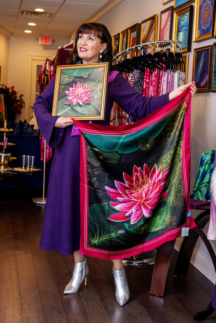 Amazon Water Lily Silk Scarf with Black Border – Alesia C. Art-A-Porte Collection