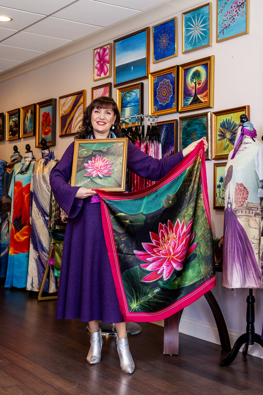 Amazon Water Lily Silk Scarf with Black Border – Alesia C. Art-A-Porte Collection