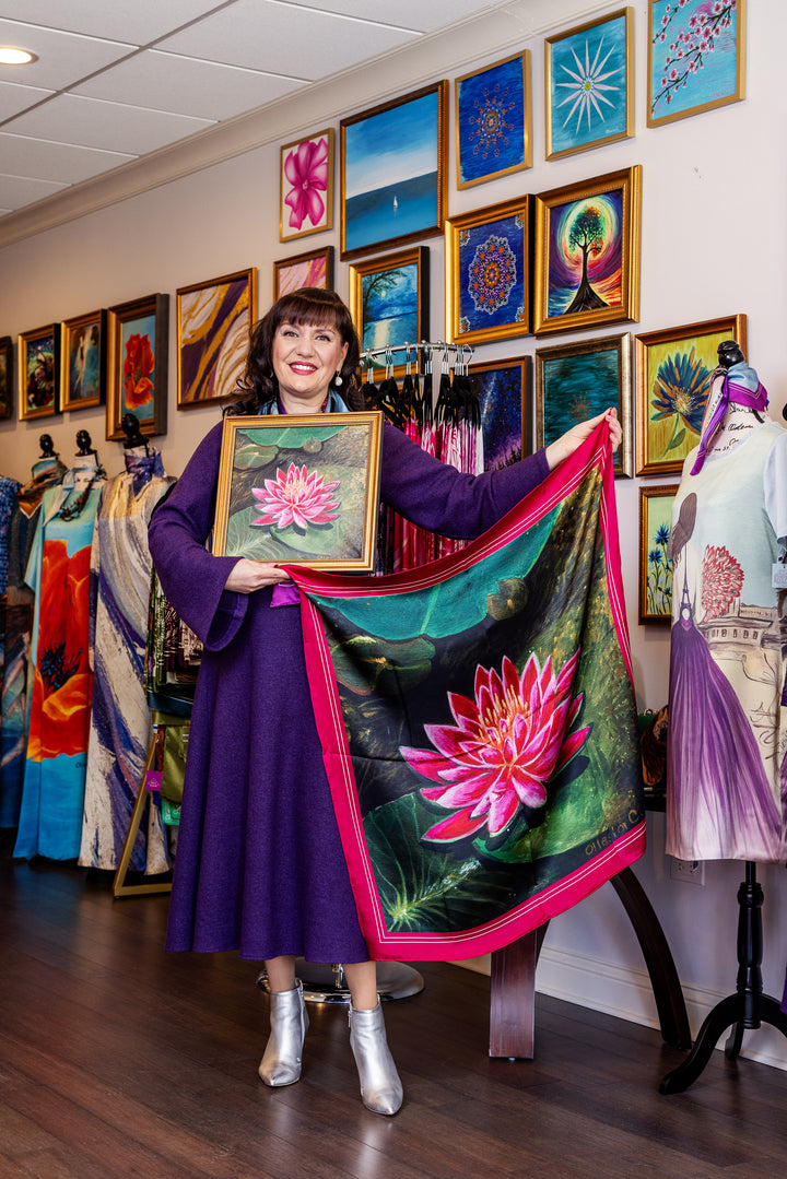 Amazon Water Lily Silk Scarf with Black Border – Alesia C. Art-A-Porte Collection