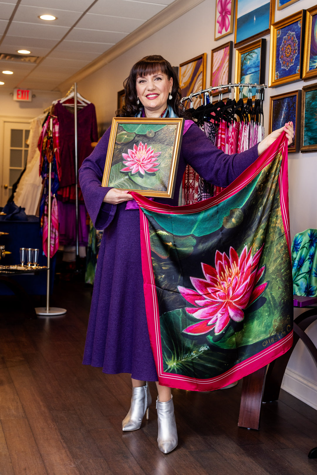 Amazon Water Lily Silk Scarf with Black Border – Alesia C. Art-A-Porte Collection