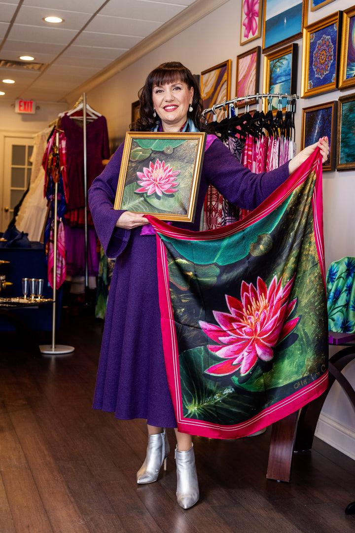 Amazon Water Lily Silk Scarf with Black Border – Alesia C. Art-A-Porte Collection