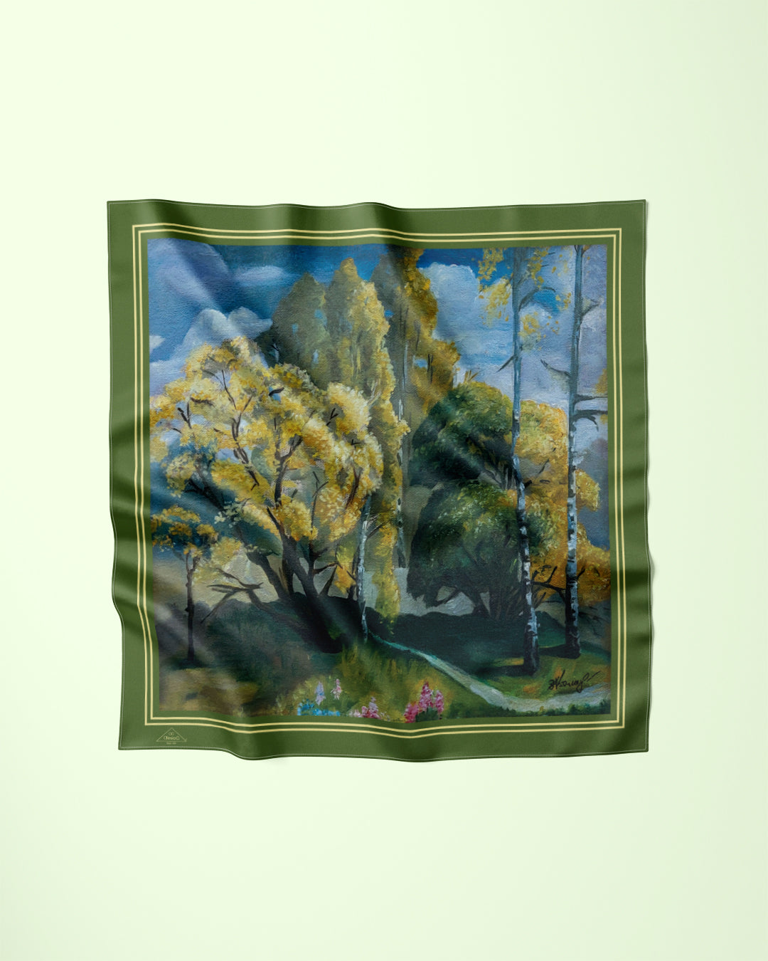 Art Gold Meadow Art A Porte  Silk Scarf in Green Olive Gold Painting by Alesia Chaika AlesiaC.com
