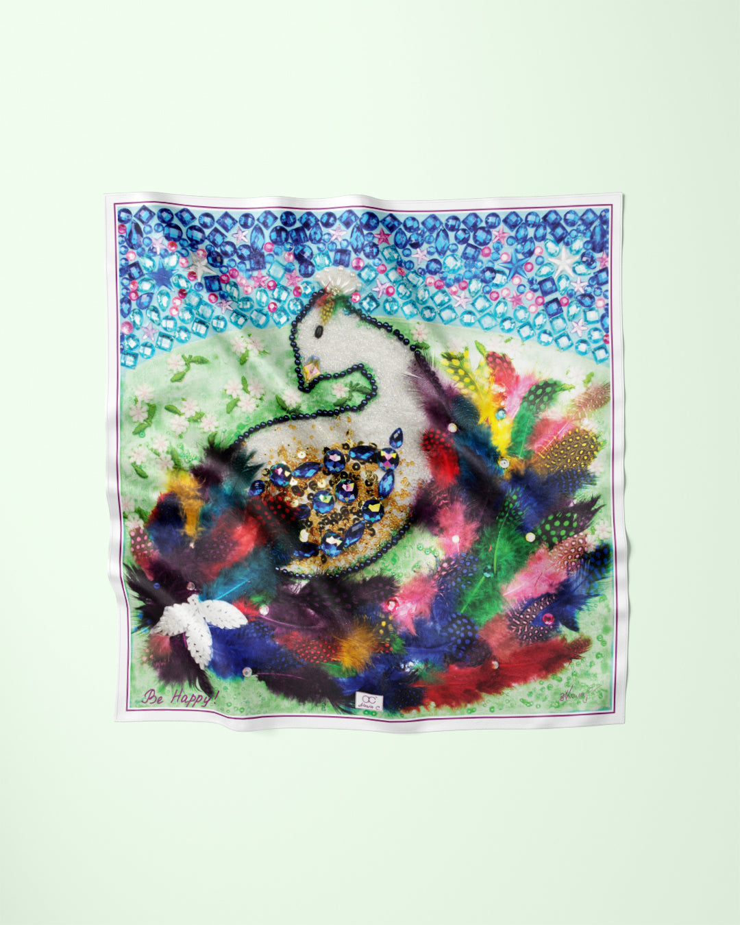 Colorful Art Silk Scarf BE HAPPY Bird of Happiness Art A Porte by Alesia Chaika Wearable Art Collection AlesiaC.com 