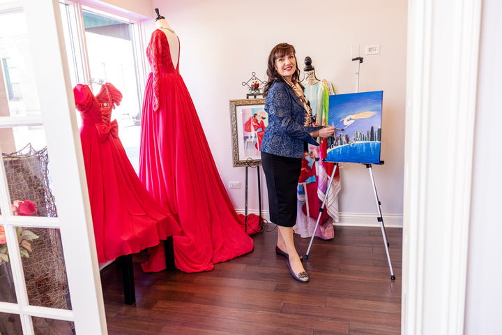 Luxury Fashion Designer Alesia Chaika in her fashion House Lake Forest Illinois USA is Painting Midnight Muse Artwork Art A Porte Silk Scarves Collection AlesiaC.com