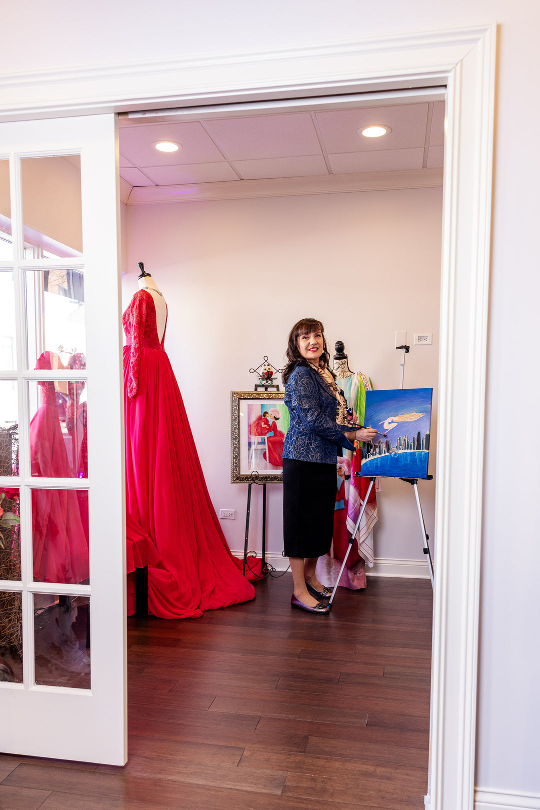 Luxury Fashion Designer Alesia Chaika in her fashion House Lake Forest Illinois USA is Painting Midnight Muse Artwork Art A Porte Silk Scarves Collection AlesiaC.com