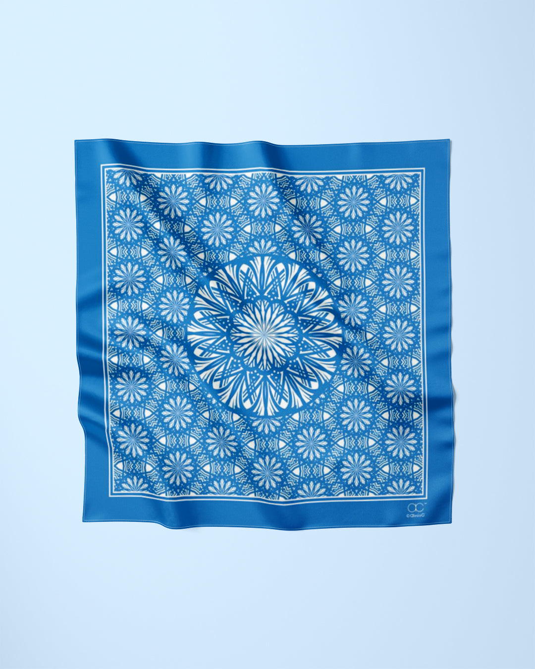 BLUE WHITE SERENITY Mandala Designer Silk Scarf by Alesia Chaika AlesiaC.com
