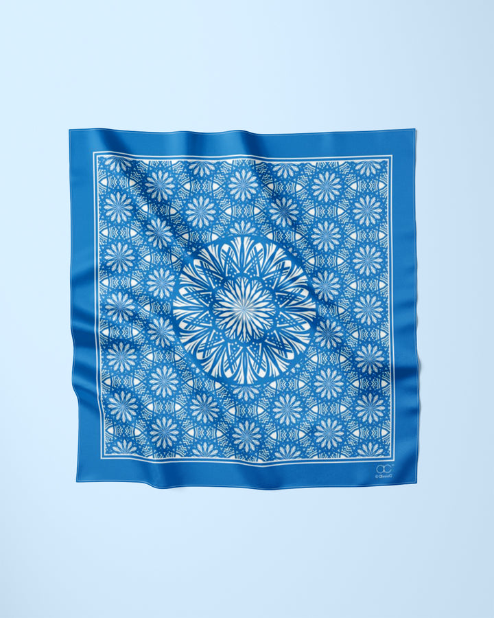 BLUE WHITE SERENITY Mandala Designer Silk Scarf by Alesia Chaika AlesiaC.com