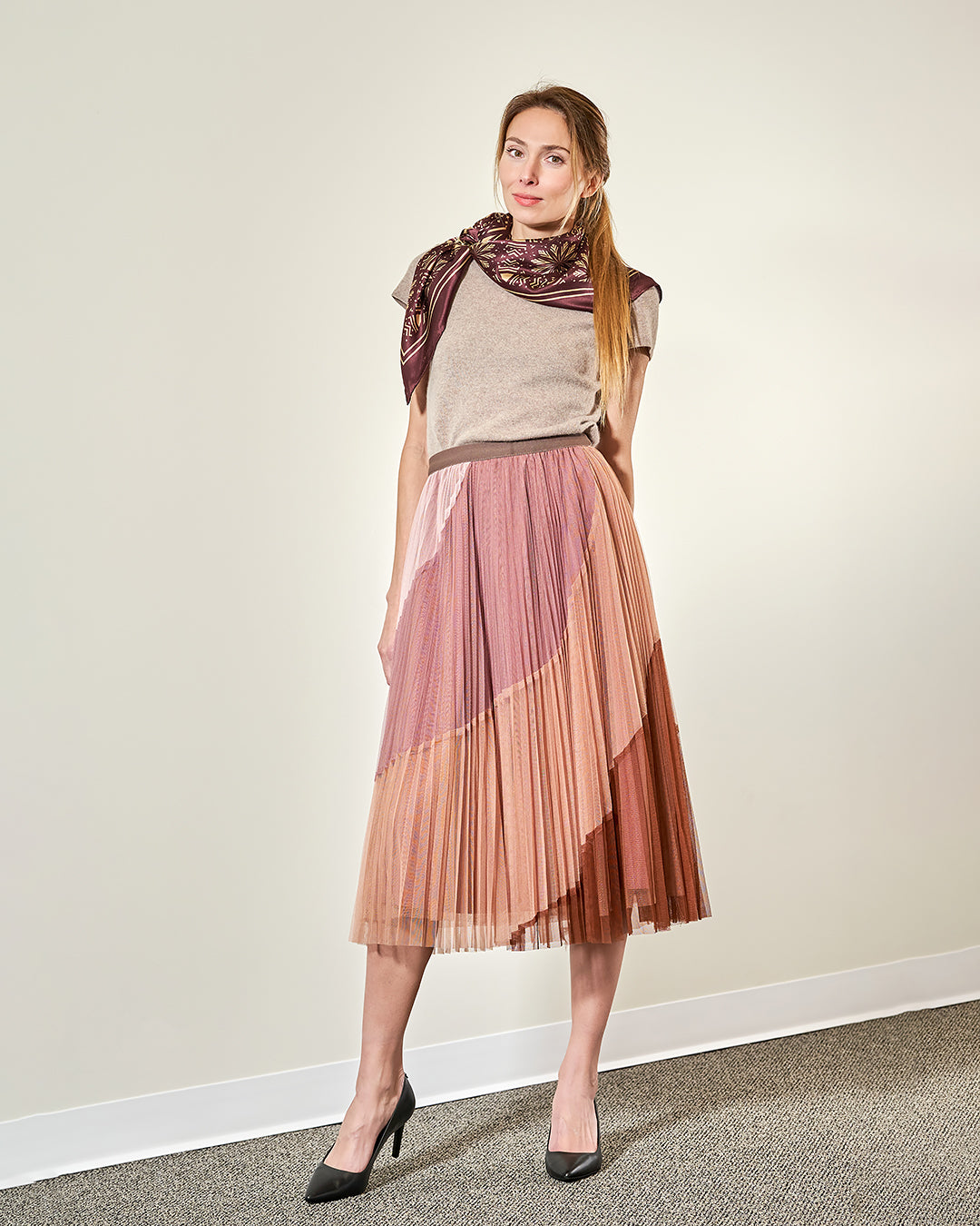 Beige Brown Ombre Pleated Tulle Midi Skirt