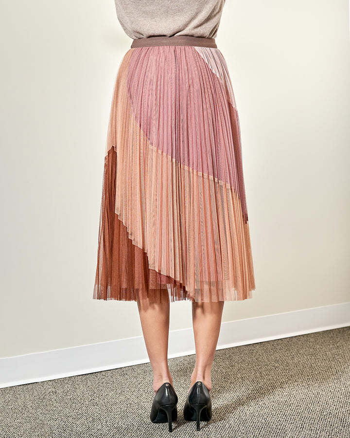 Beige Brown Ombre Pleated Tulle Midi Skirt