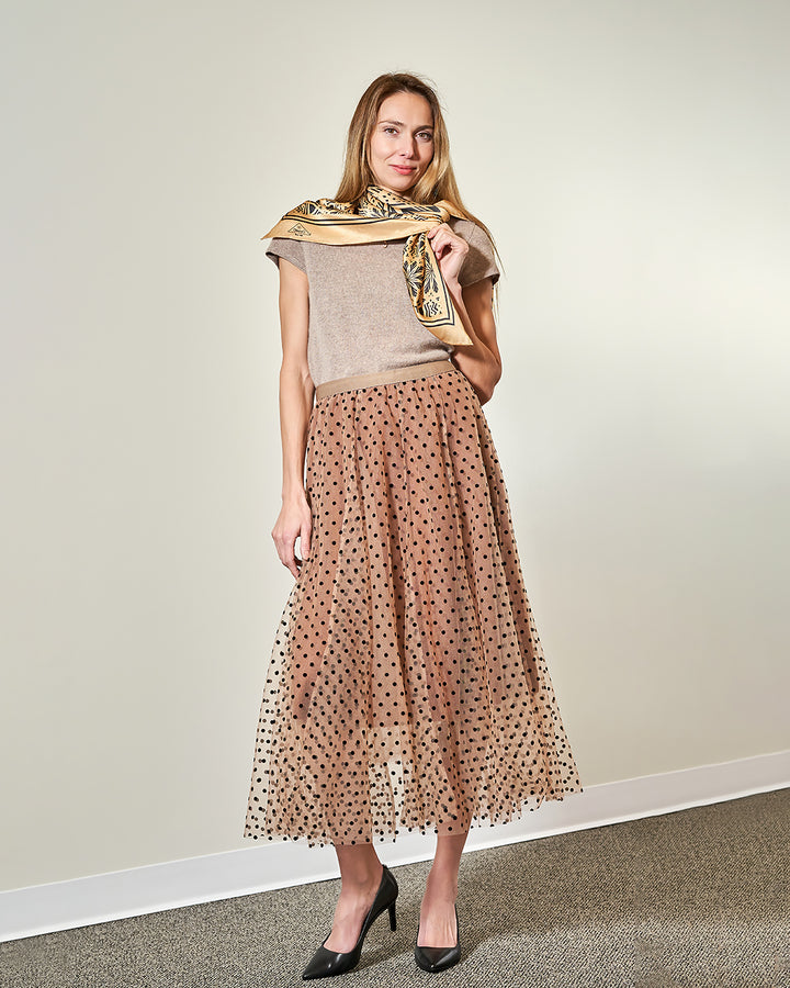 Beige Black Velvet Polka Dot Tulle Midi Skirt