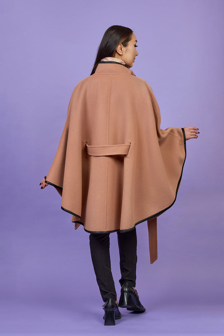 Luxury Designer Mocha Mousse Beige Coat  Belted Cape Coat in Virgin Wool Cashmere With Black Leather Trim in Lake Forest Shop, Illinois, USA fashion designer Alesia C. boutique AlesiaC,com