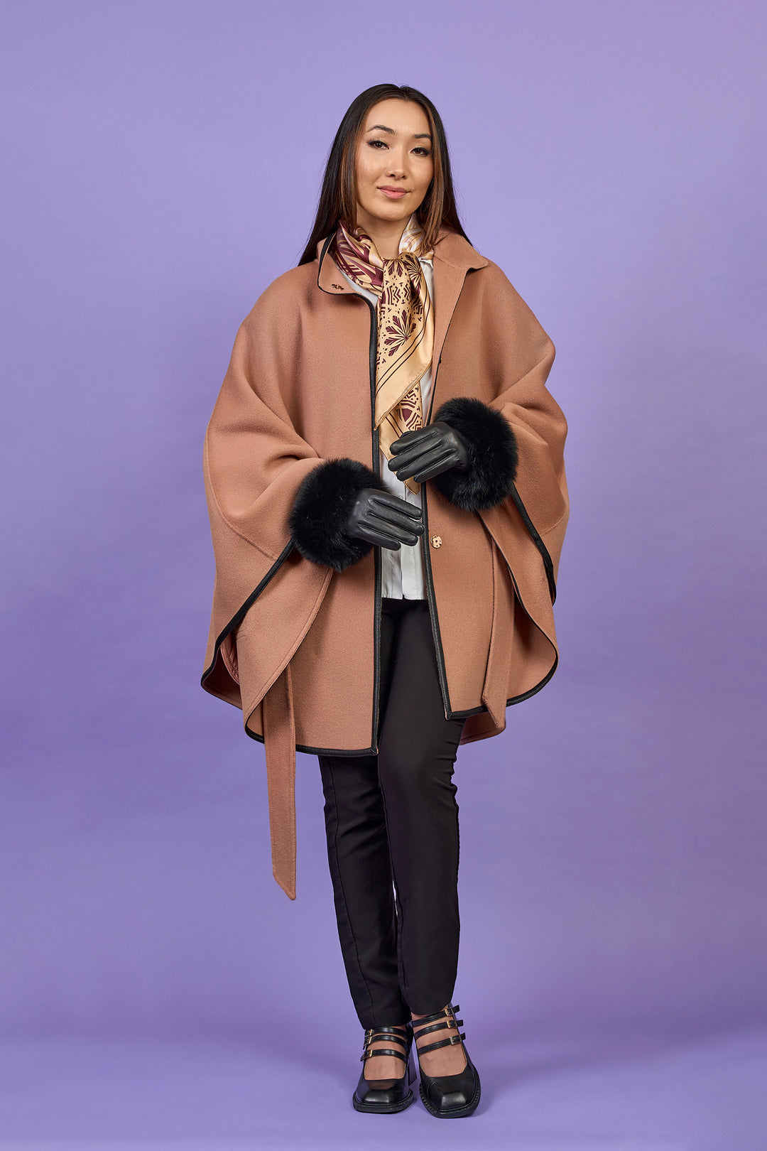 Mocha Mousse Designer Coat Belted Cape Coat in Virgin Wool Cashmere With Black Leather Trim in Lake Forest Shop, Illinois, USA fashion designer Alesia C. boutique AlesiaC,com