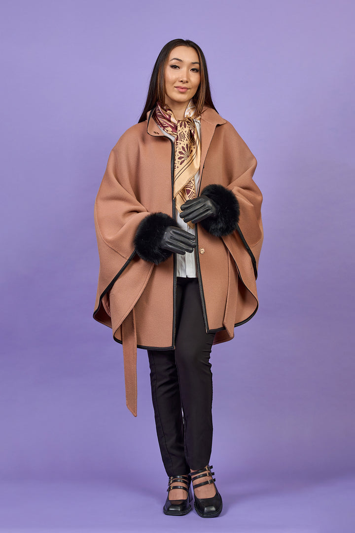 Mocha Mousse Designer Coat Belted Cape Coat in Virgin Wool Cashmere With Black Leather Trim in Lake Forest Shop, Illinois, USA fashion designer Alesia C. boutique AlesiaC,com