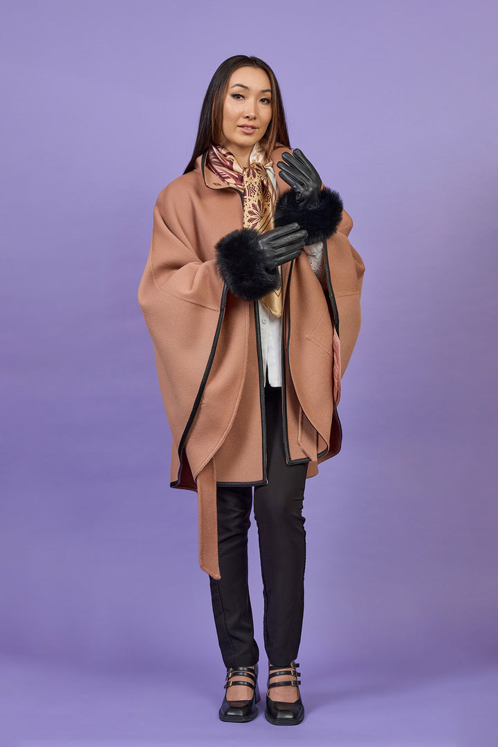 Mocha Mousse Designer Wool Women Coat Belted Cape Coat in Virgin Wool Cashmere With Black Leather Trim in Lake Forest Shop, Illinois, USA fashion designer Alesia C. boutique AlesiaC,com