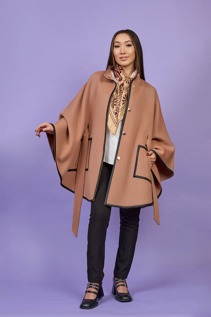 Mocha Mousse Designer Coat Belted Cape Coat in Virgin Wool Cashmere With Black Leather Trim in Lake Forest Shop, Illinois, USA fashion designer Alesia C. boutique AlesiaC,com