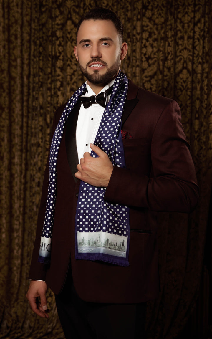 Chicago Harbor Lighthouse Skyline Double-Sided Silk Scarf – Long Rectangle – Navy and White