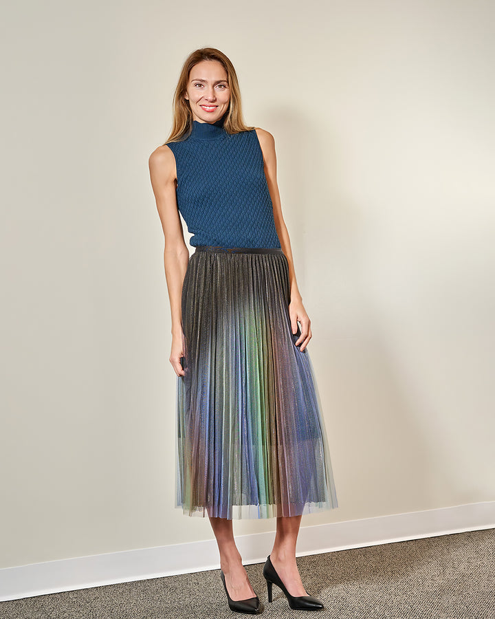 Black Blue Green Ombre Pleated Tulle Midi Skirt