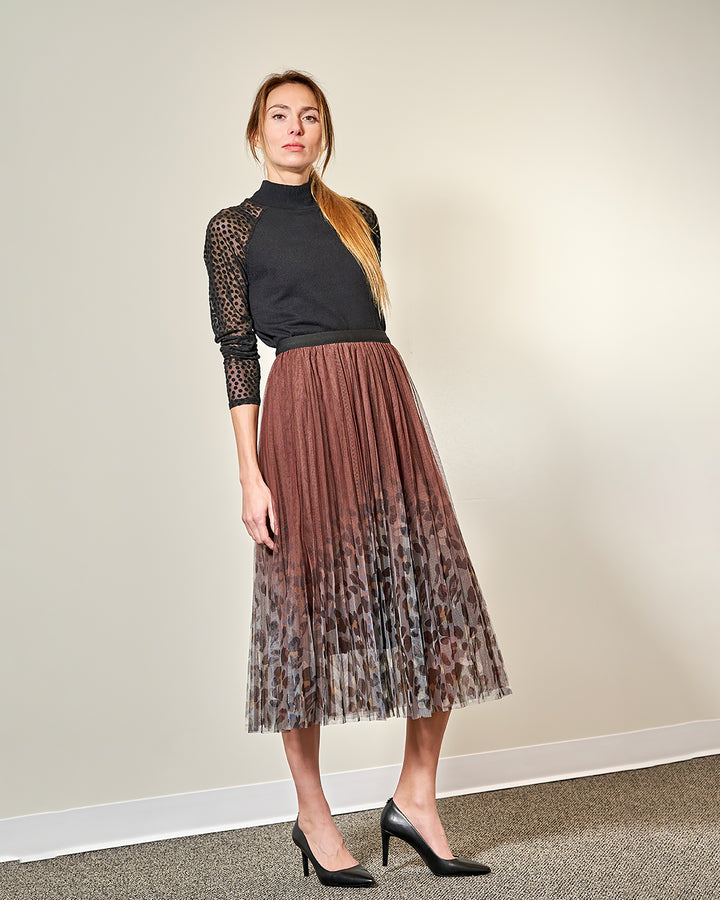 Black Brown Ombre Pleated Tulle Midi Skirt