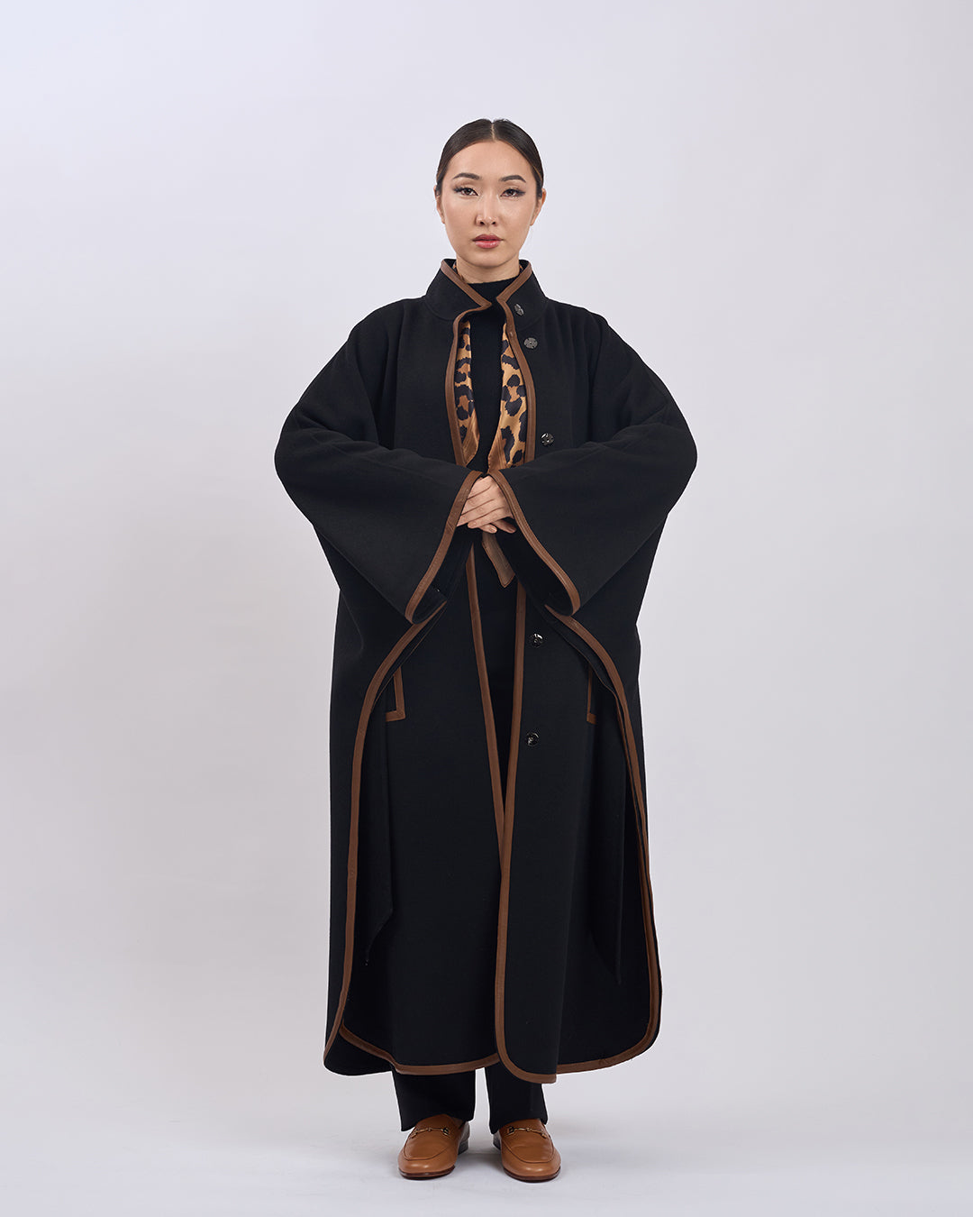 KIMONO LONG Virgin Wool Belted Cape Coat - Black Brown Leather Trim