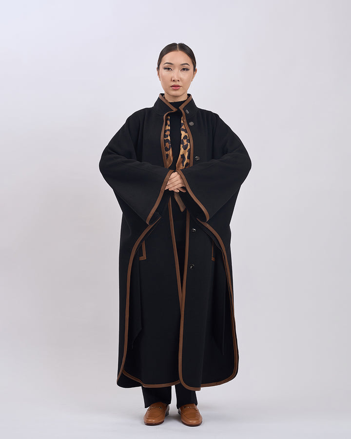 KIMONO LONG Virgin Wool Belted Cape Coat - Black Brown Leather Trim
