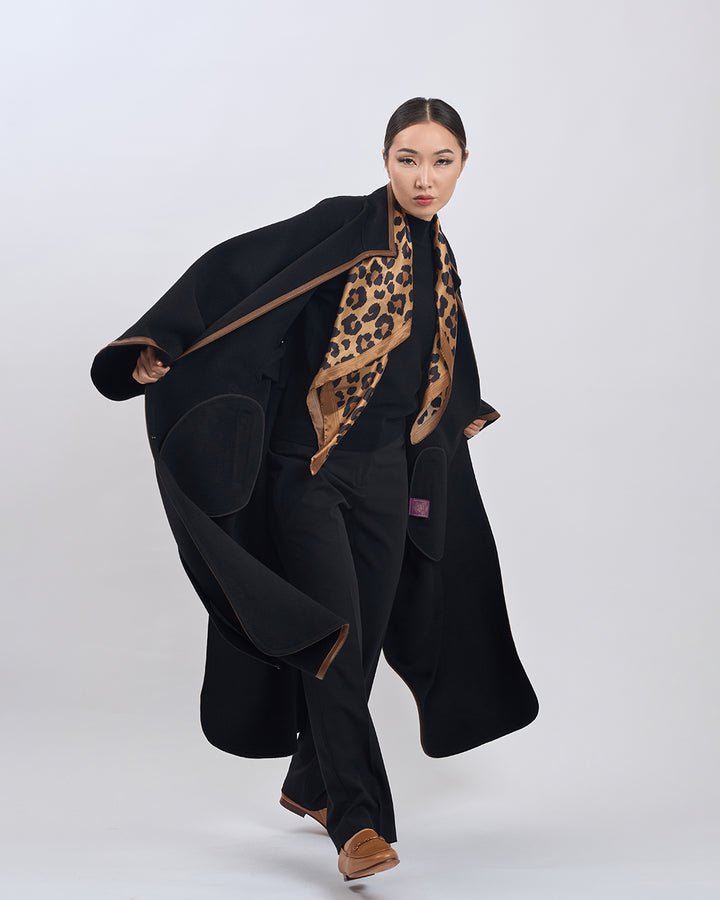 KIMONO LONG Virgin Wool Belted Cape Coat - Black Brown Leather Trim