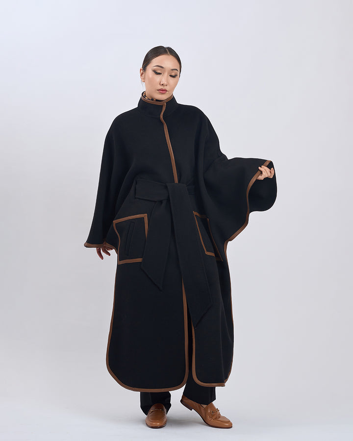 KIMONO LONG Virgin Wool Belted Cape Coat - Black Brown Leather Trim