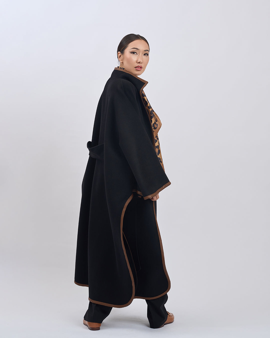KIMONO LONG Virgin Wool Belted Cape Coat - Black Brown Leather Trim