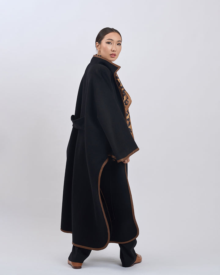 KIMONO LONG Virgin Wool Belted Cape Coat - Black Brown Leather Trim