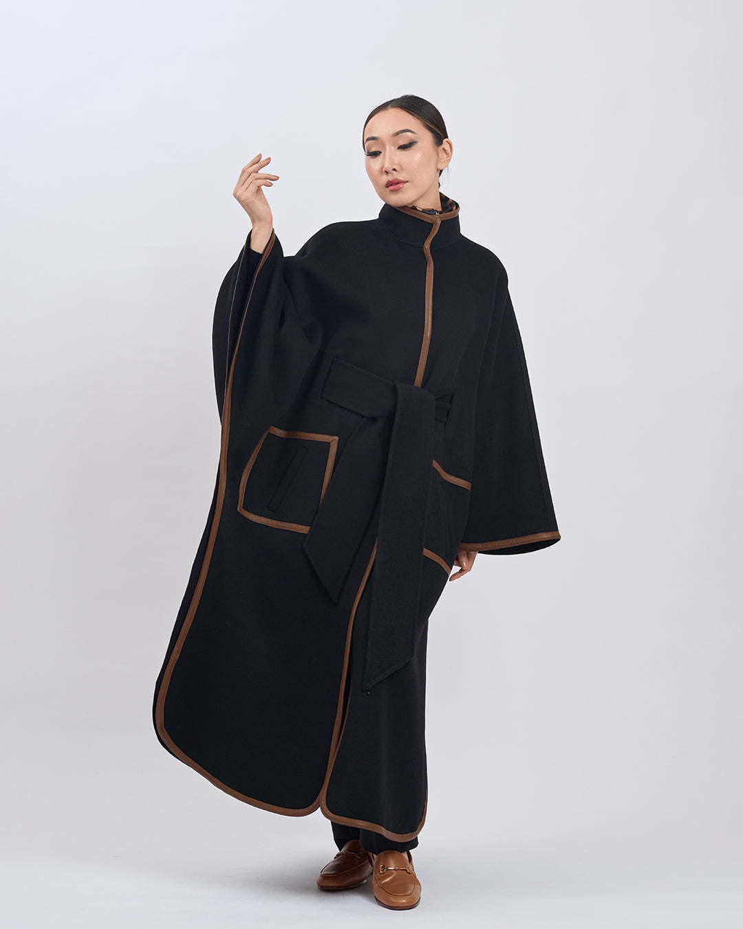 KIMONO LONG Virgin Wool Belted Cape Coat - Black Brown Leather Trim