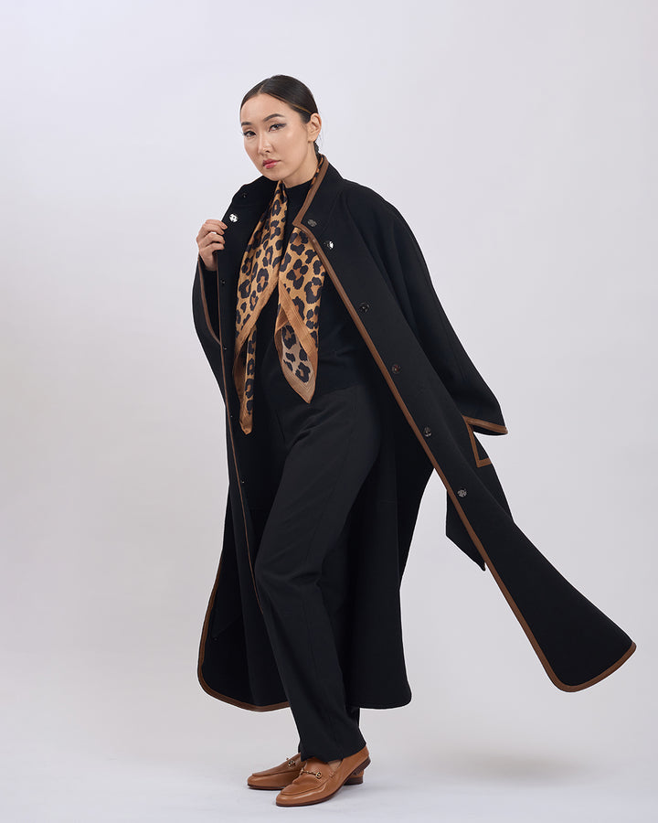 KIMONO LONG Virgin Wool Belted Cape Coat - Black Brown Leather Trim