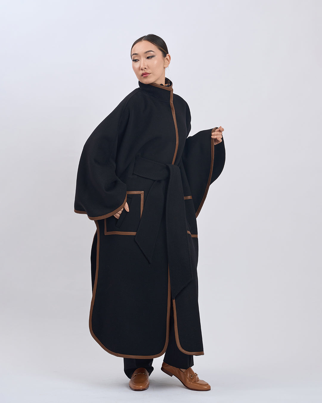 KIMONO LONG Virgin Wool Belted Cape Coat - Black Brown Leather Trim