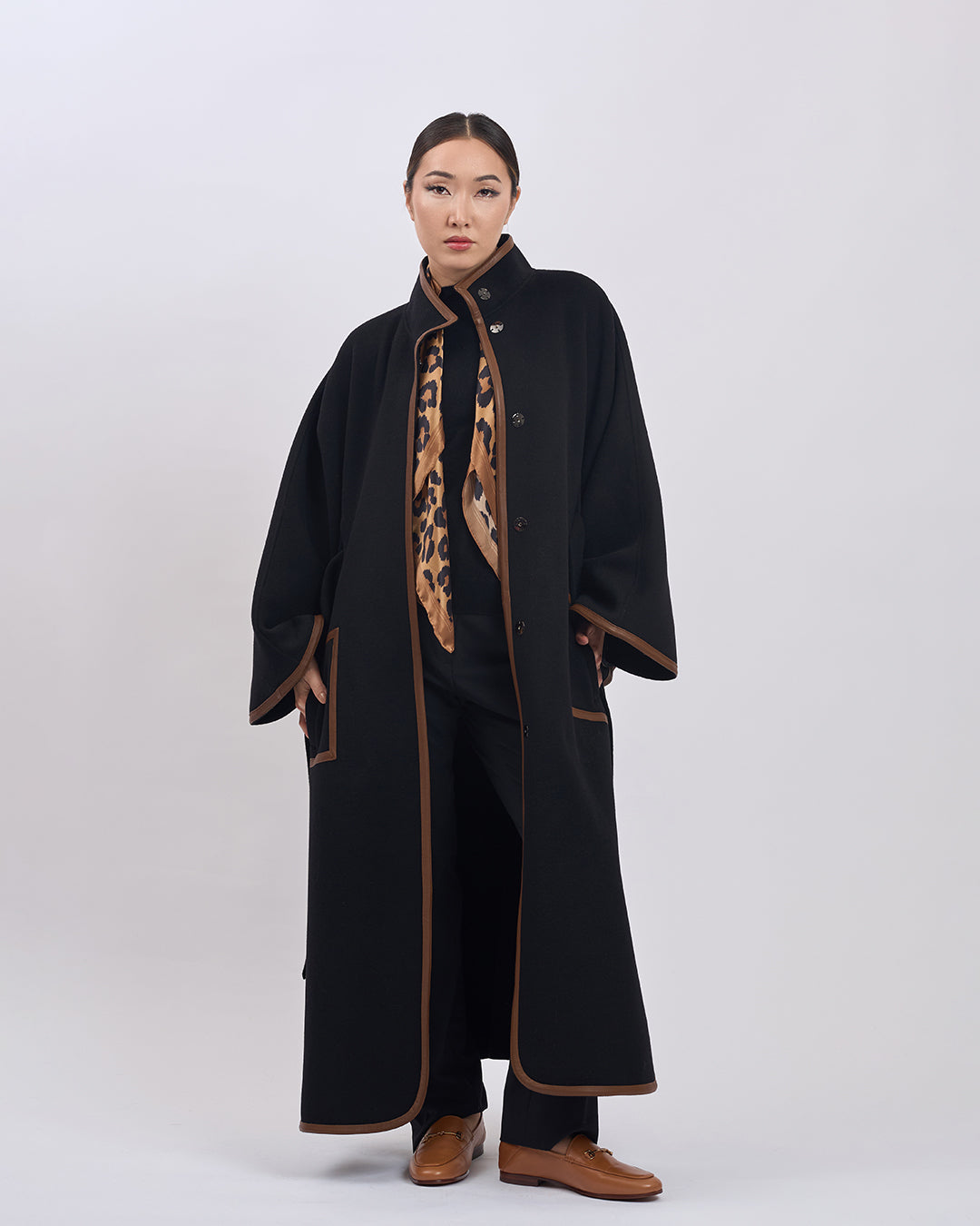 KIMONO LONG Virgin Wool Belted Cape Coat - Black Brown Leather Trim