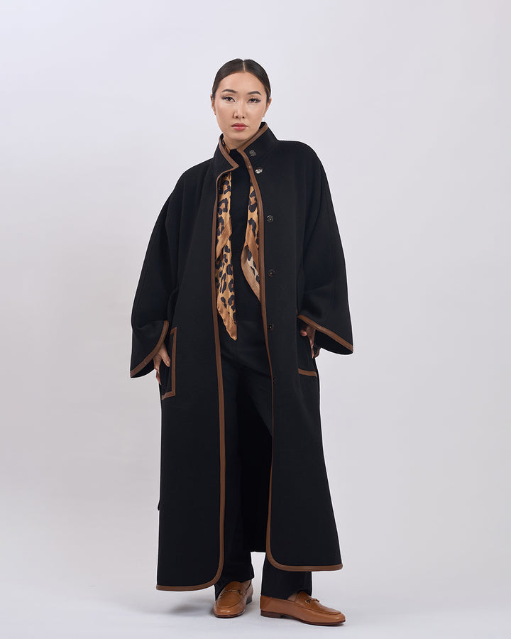 KIMONO LONG Virgin Wool Belted Cape Coat - Black Brown Leather Trim